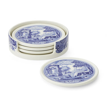 Blue Italian Ceramic Coasters with Holder